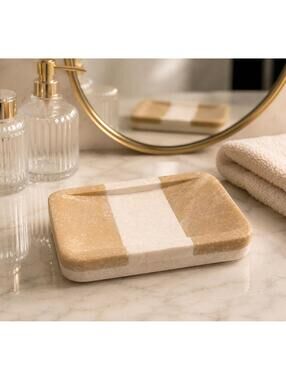 India 1990s Marble Travertine Handcrafted Two-Tone Soap Dish, 4.75x3”